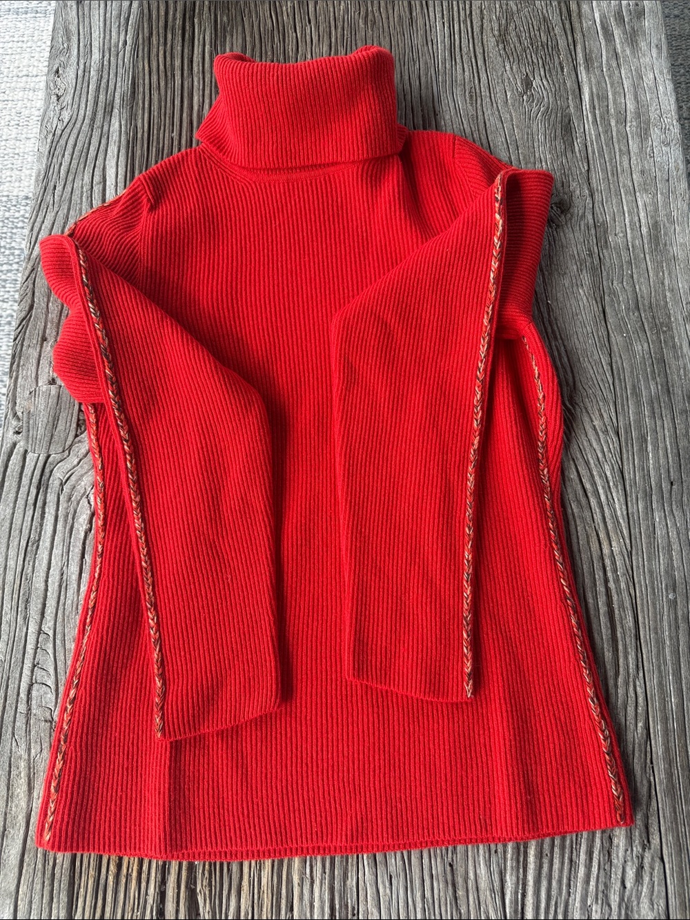 Escada Bright Red Ribbed Turtleneck Sweater with Braid Accent
